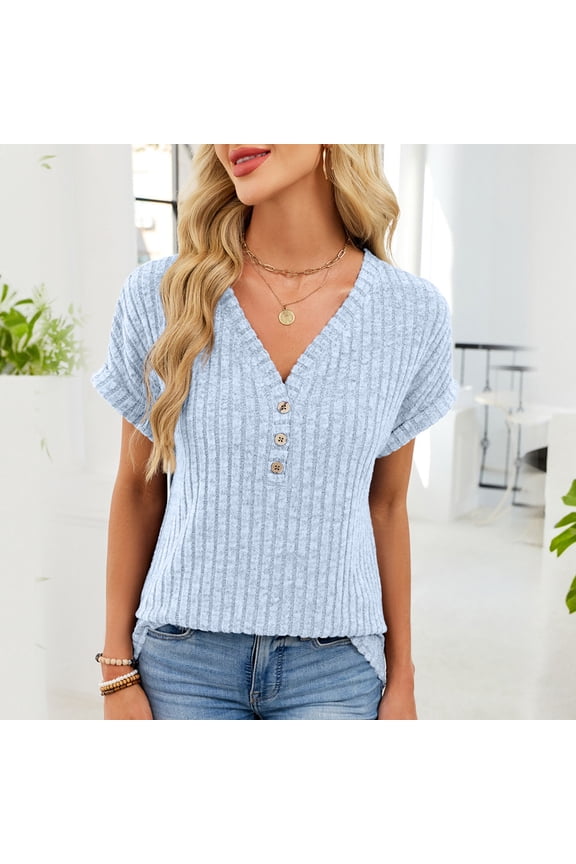 Short Sleeve Sweaters for Women Ribbed Button V Neck Pullover Casual Lightweight Sports Workout Blouses