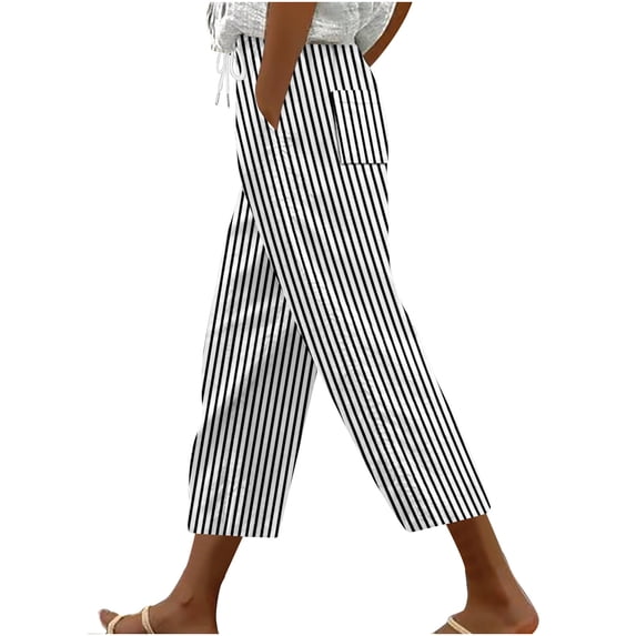 BLCHUNen Striped Capri Pants for Women Casual High Elastic Waisted Loose Drawstring Crop Pants with Pockets Fashion