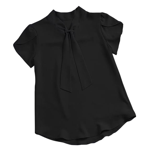 BLCHUNen Summer Chiffon Tops for Women Plus Size Tie V Neck Ruffle Short Sleeve Flowy Shirts Elegant Casual Work Blouse