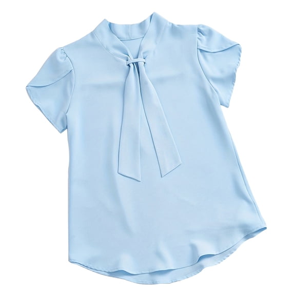 BLCHUNen Summer Chiffon Tops for Women Plus Size Tie V Neck Ruffle Short Sleeve Flowy Shirts Elegant Casual Work Blouse