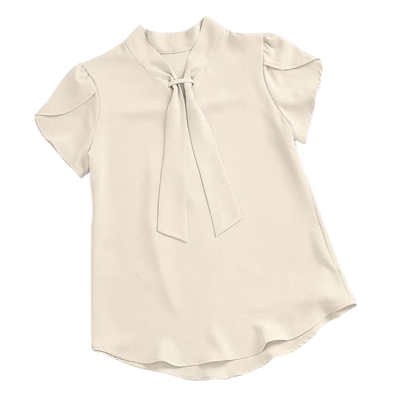 BLCHUNen Summer Chiffon Tops for Women Plus Size Tie V Neck Ruffle Short Sleeve Flowy Shirts Elegant Casual Work Blouse