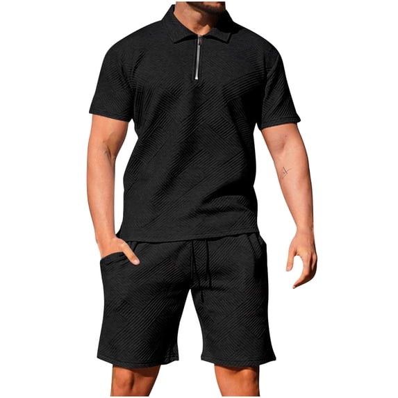 BLCHUNen Summer Outfits for Men Quarter Zip Short Sleeve Tops Fitting Straight Leg Shorts Texture Casual Outfits Sets(L,Black