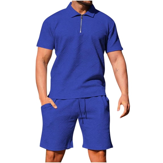 BLCHUNen Summer Outfits for Men Quarter Zip Short Sleeve Tops Fitting Straight Leg Shorts Texture Casual Outfits Sets(XXL,Blue