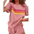 thumbnail image 1 of BLCHUNen Summer Outfits for Women Striped Short Sleeve Tops Matching Elastic Waisted Shorts Casual Sweatsuit Set, 1 of 5