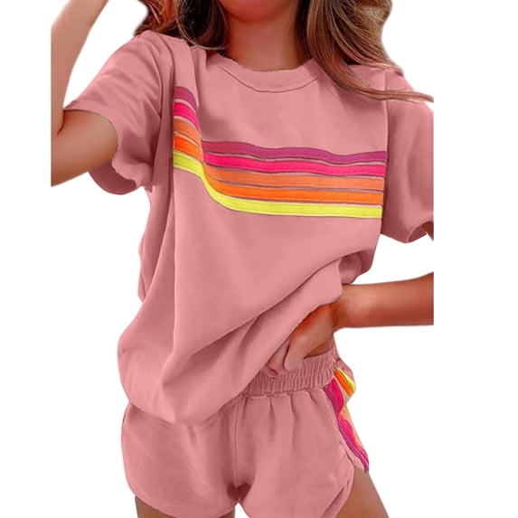 BLCHUNen Summer Outfits for Women Striped Short Sleeve Tops Matching Elastic Waisted Shorts Casual Sweatsuit Set