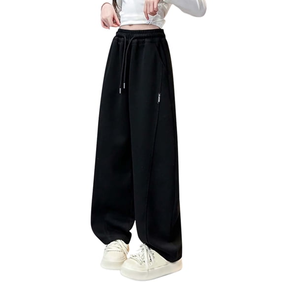 BLCHUNen Sweatpants for Girl Drawstring Elastic High Waisted Workout Pants Casual Loose Wide Leg Lightweight Trousers,Black