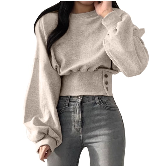 BLCHUNen Sweatshirt for Women Puff Long Sleeve Casual Pullover Sweatshirts Side Button Going out Tops Fashion,White,XL