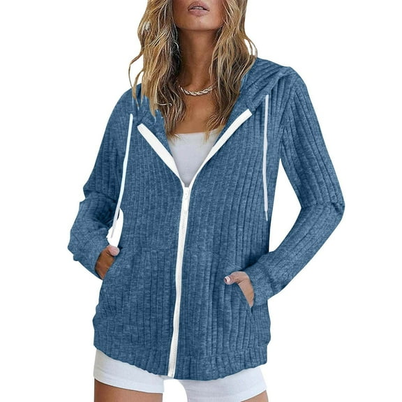 BLCHUNen Sweatshirts Jackets for Women Ribbed Knitted Full Zip up Hooded Drawstring Casual Long Sleeve Fall Tops with Pockets