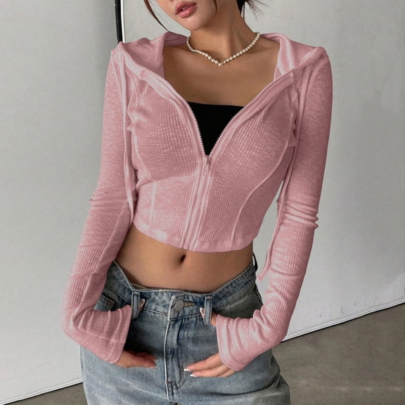 BLCHUNen Sweatshirts for Women Cropped Ribbed Knitted Full Zip up Hooded Drawstring Casual Lightweight Fall Long Sleeve Shirts