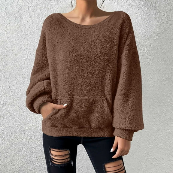 BLCHUNen Sweatshirts for Women Fleece Plush Fuzzy Long Sleeve Casual Crew Neck Pullover Winter Warm Tops with Pockets