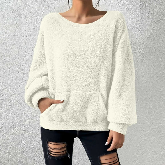 BLCHUNen Sweatshirts for Women Fleece Plush Fuzzy Long Sleeve Casual Crew Neck Pullover Winter Warm Tops with Pockets