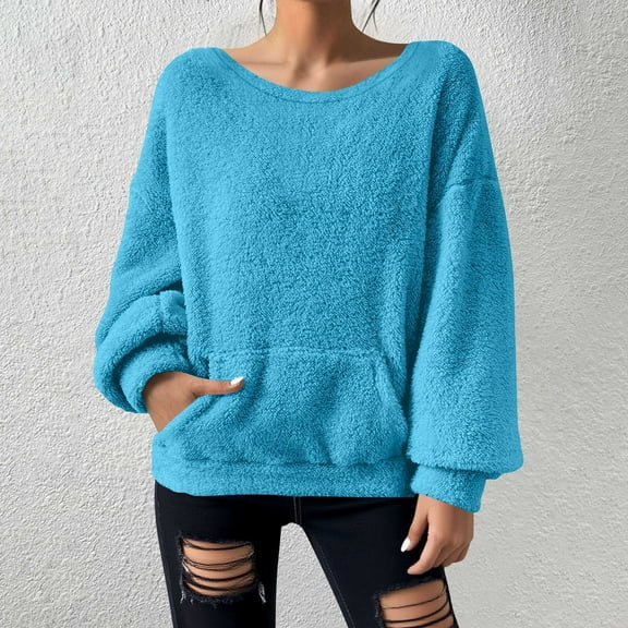 BLCHUNen Sweatshirts for Women Fleece Plush Fuzzy Long Sleeve Casual Crew Neck Pullover Winter Warm Tops with Pockets
