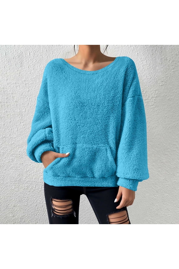 Sweatshirts for Women Fleece Plush Fuzzy Long Sleeve Casual Crew Neck Pullover Winter Warm Tops with Pockets
