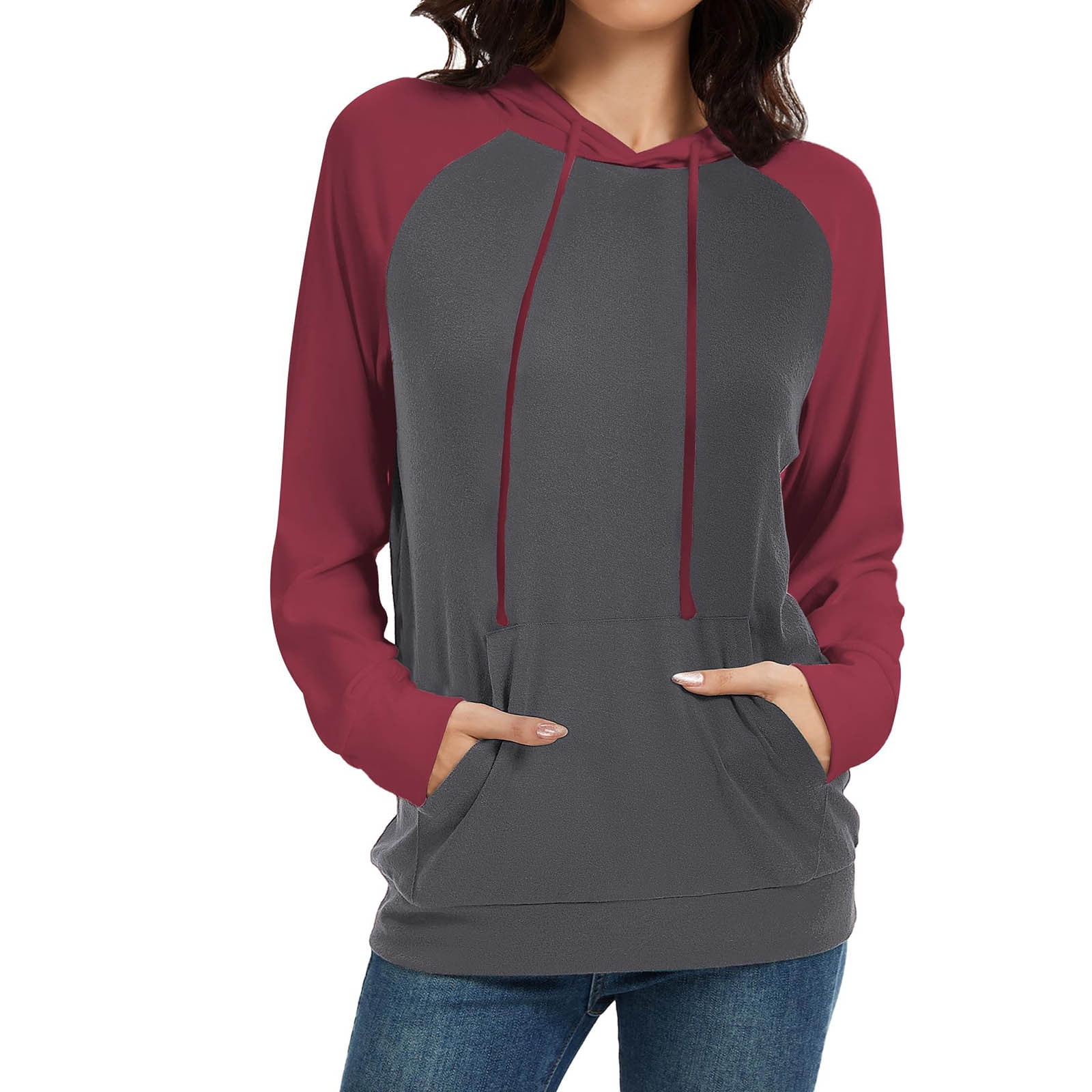 Womens Tricolor Panel Hooded Drawstring Pullover Sweatshirt main image 1