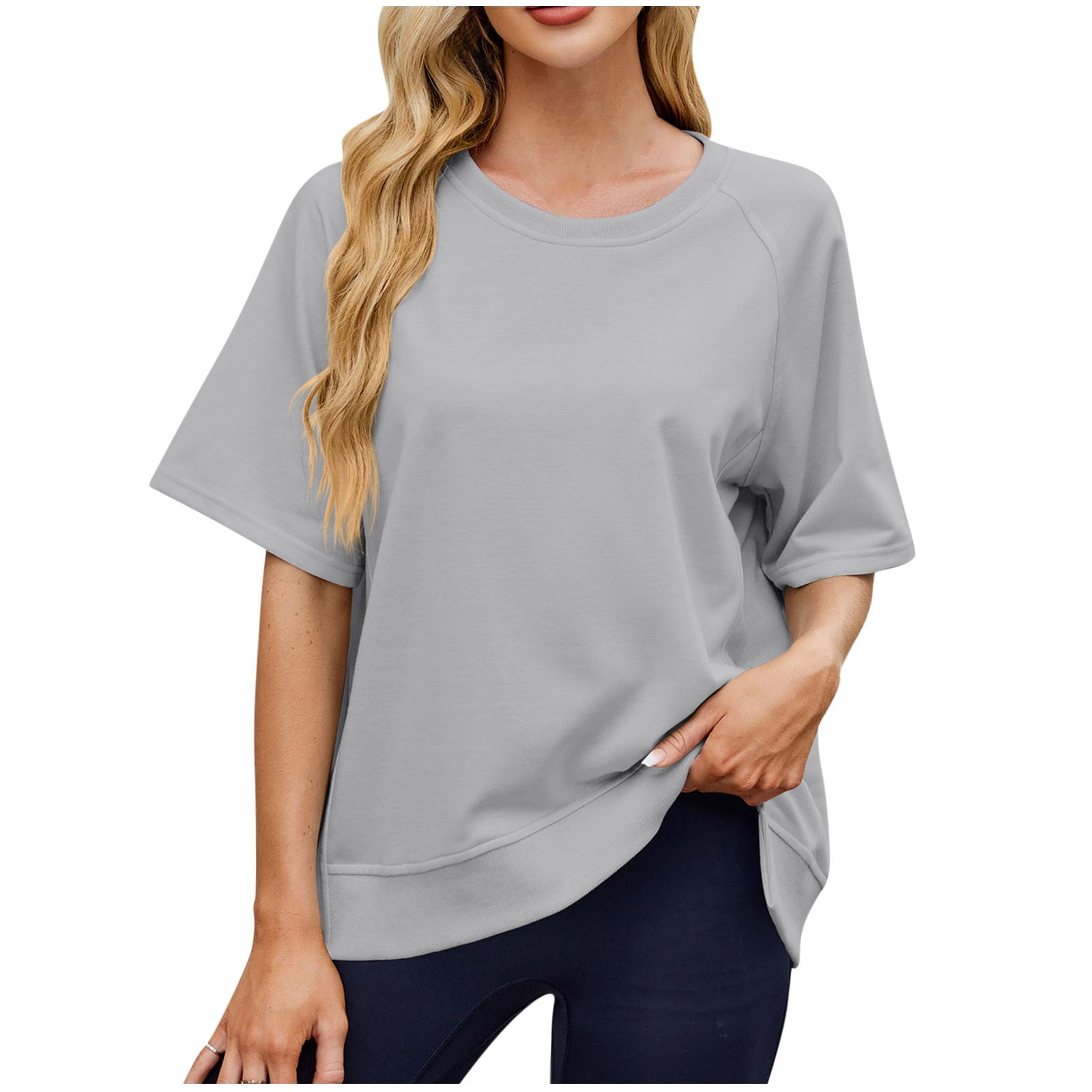BLCHUNen T Shirts for Women Round Neck Half Sleeve Drop Shoulder High ...
