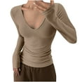 thumbnail image 1 of BLCHUNen Tops for Women Long Sleeve Slim Fitting Knitted Tops V Neck Casual Stretchy Solid Color Basic Tees,M,Khaki, 1 of 3