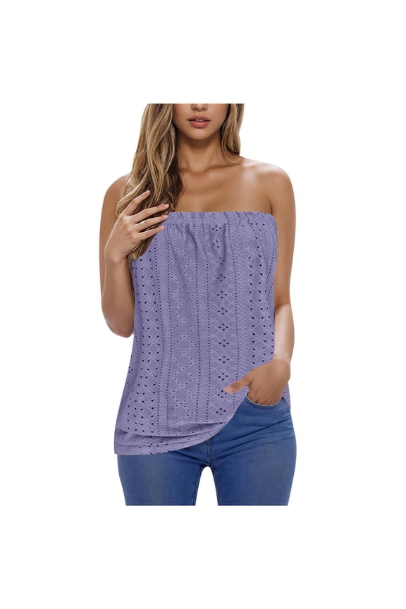 Tube Tops for Women Strapless Bandeau Hollow out Cute Shirts Summer Casual Travel Tops Vacation Shirts