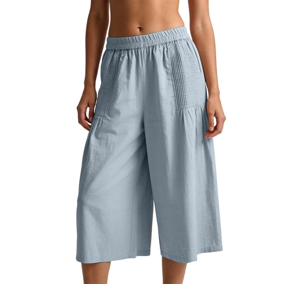 BLCHUNen Wide Leg Pants Woman Capris Ruched Elastic Waisted Summer Breathable Travel Loose Casual Crop Pants with Pockets