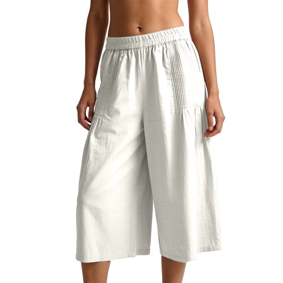 BLCHUNen Wide Leg Pants Woman Capris Ruched Elastic Waisted Summer Breathable Travel Loose Casual Crop Pants with Pockets