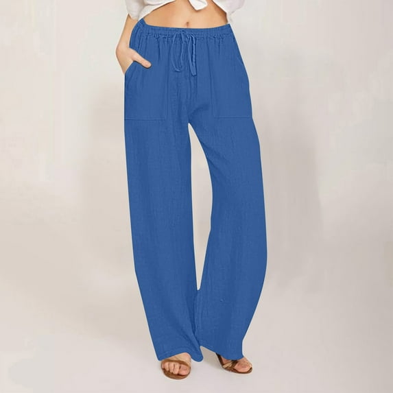 BLCHUNen Wide Leg Pants for Women Loose Drawstring Elastic Waist Lightweight Casual Outdoor Beach Relaxed Trendy Pants with Pockets