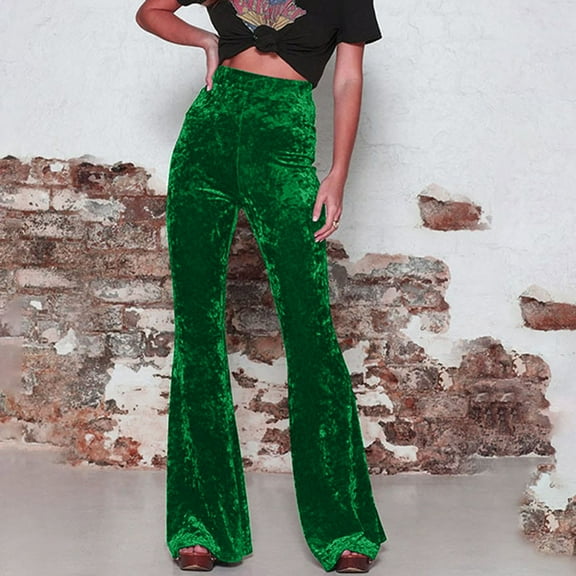 BLCHUNen Wide Leg Pants for Women Velour Plush Flared Boot Cut Lightweight Elastic High Waist Casual Loungewear Trousers