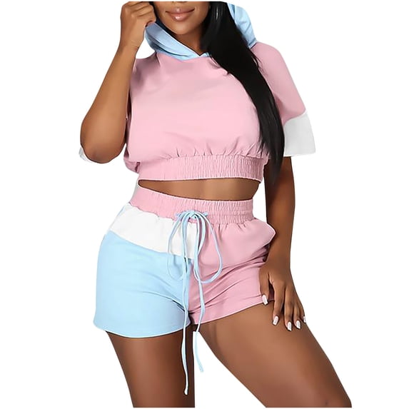 BLCHUNen Womens 2 Piece Outfits Color Block Short Sleeve Crop Hoodie Drawstring Shorts Elastic Waist Athletic Set