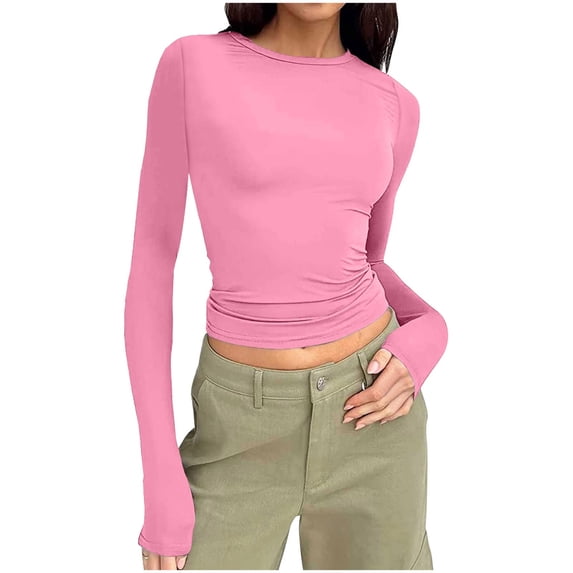 BLCHUNen Womens Blouses Long Sleeve Fall Shirts Cropped Crew Neck Pullover Slim Fitted Casual Workout Athletic Tops