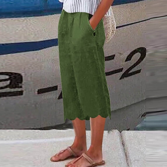 BLCHUNen Womens Capri Pants Loose Elastic Waist Straight Leg Scalloped Hem Casual Cropped Pants with Pockets
