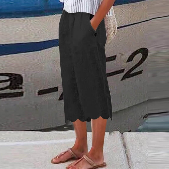 BLCHUNen Womens Capri Pants Loose Elastic Waist Straight Leg Scalloped Hem Casual Cropped Pants with Pockets