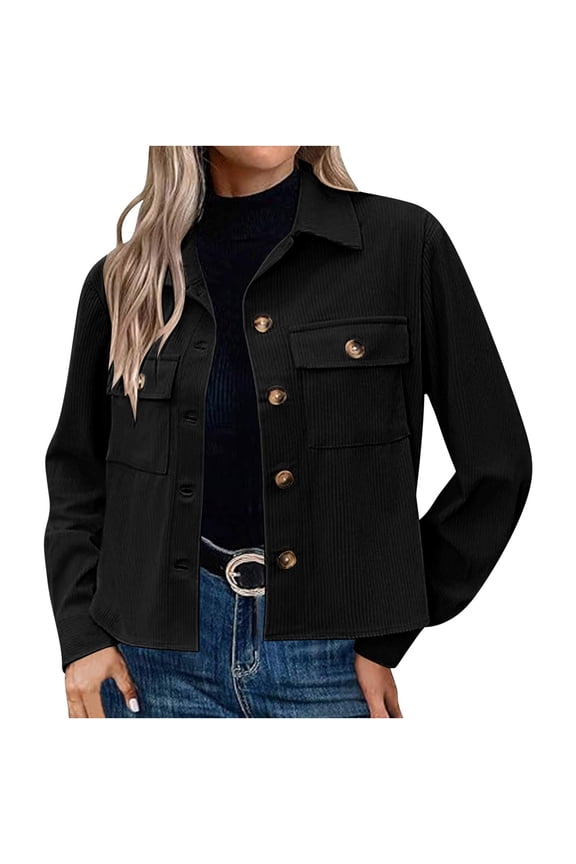 Womens Cropped Jacket Corduroy Button down Casual Shacket Jackets Lapel Neck Long Sleeve Pockets Coats,XXL,Black