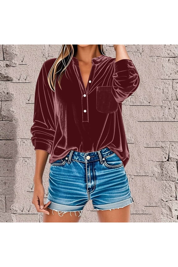 Womens Fall Tops Long Sleeve Shirts Velour Plush Casual Button down Turndown Collar Lounge Pajamas with Pocket