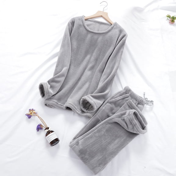 BLCHUNen Womens Flannel Pajamas Sets Long Sleeve Crew Neck Pullovers 2 Piece Lounge Sets Casual Thickened Warm Winter Outfits