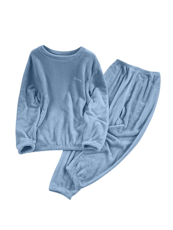 Womens Fleece Pajamas Sets Crew Neck Pullover Long Sleeve Thickened Winter Warm Loungewear 2 Piece Outfits