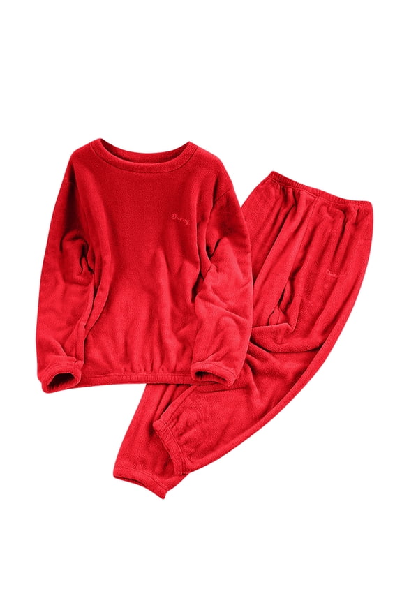 Womens Fleece Pajamas Sets Crew Neck Pullover Long Sleeve Thickened Winter Warm Loungewear 2 Piece Outfits