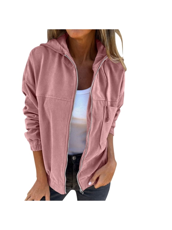 Womens Jackets Casual Hooded Zip up Outerwear Jackets Fall Drawstring Loose Long Sleeve Coats with Pocket,L,Pink