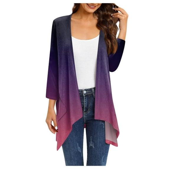 BLCHUNen Womens Long Cardigan Plus Size Long Sleeve Open Front Draped Lightweight Comfy Gradient Color Outwear