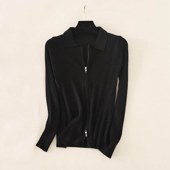 BLCHUNen Womens Long Sleeve Tops Ribbed Double Zipper Full Zip up Turndown Collar Casual Running Sports Outwear