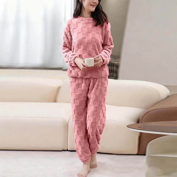 BLCHUNen Womens Pajamas Casual Long Sleeve Crew Neck Pullover Lightweight Loungewear 2 Piece Sets Winter Warm Outfits