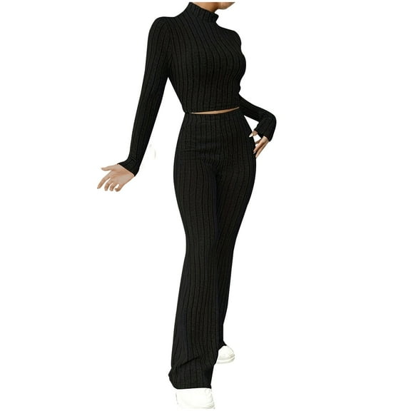 BLCHUNen Womens Pajamas Sets Ribbed Knitted Cropped Tops and Loose Pants 2 Piece Sets Casual Lightweight Loungewear Long Sleeve Outfits