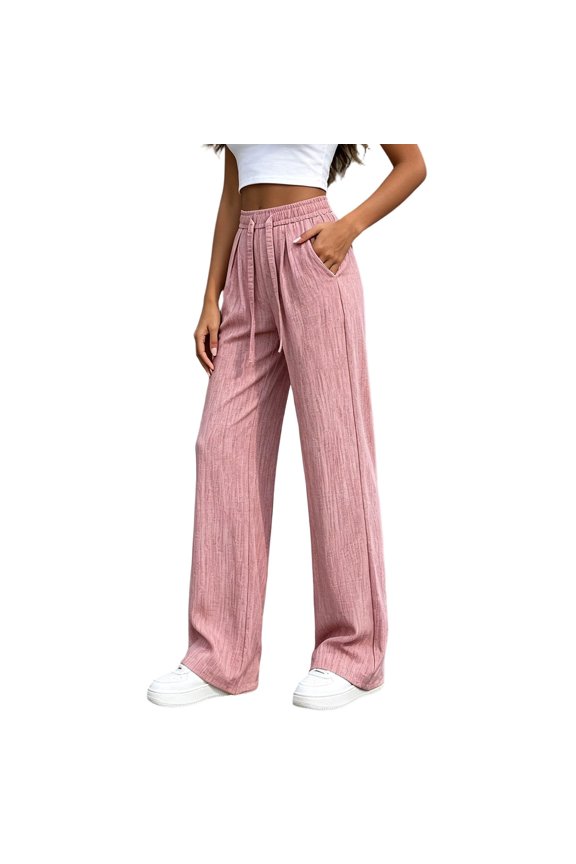 Womens Pants Casual Elastic High Waisted Ruched Pants Straight Leg Drawstring Loose Trousers for Daily Wear,XXL,Pink