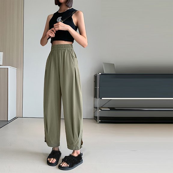 BLCHUNen Womens Pants Casual Ribbed Knitted Drawstring Elastic High Waist Baggy Loose Loungewear Wide Leg Pants