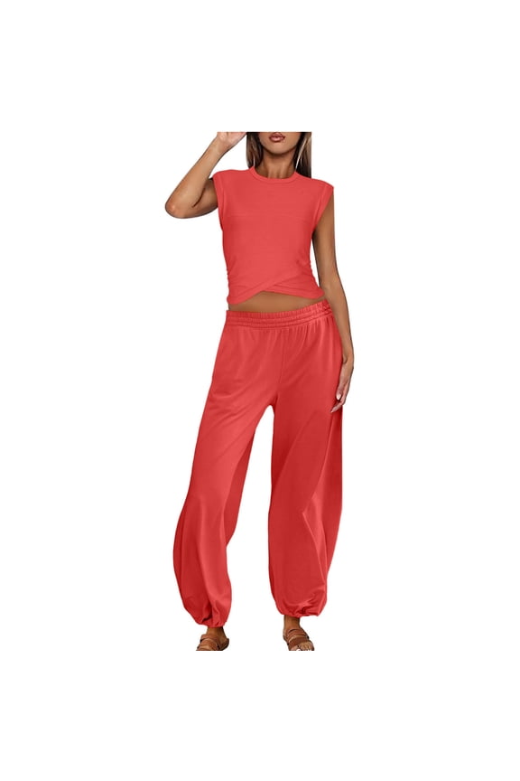 Womens Summer Outfits Crew Neck Crisscross Hem Casual Tops Elastic High Waist Pants Athletic Workout Sets