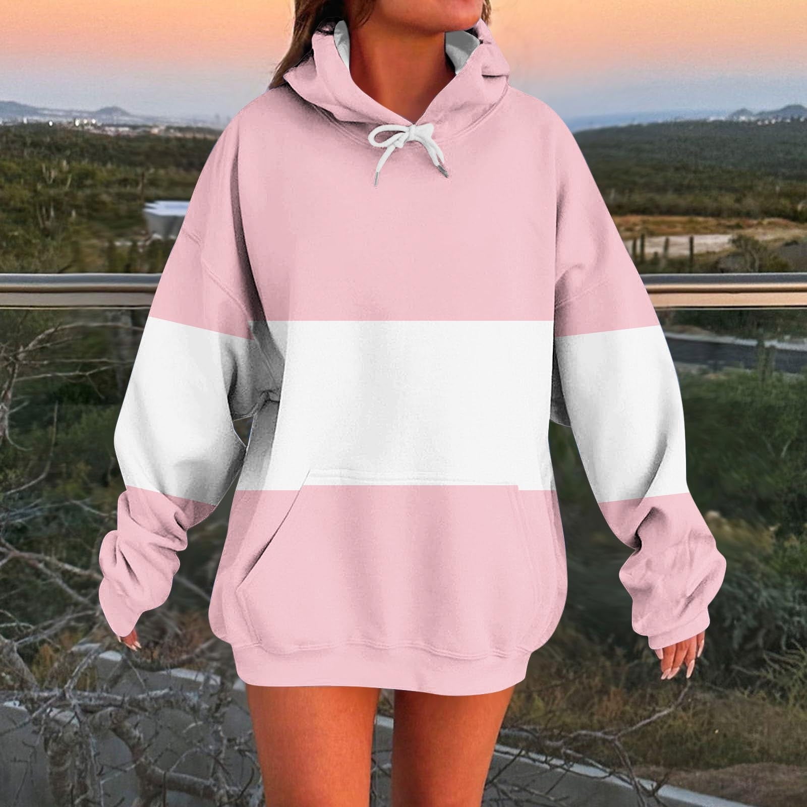 Womens Tricolor Panel Hooded Drawstring Pullover Sweatshirt