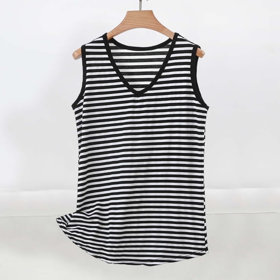 BLCHUNen Womens Tank Tops Striped Print Sleeveless V Neck Casual Basic Layer Lightweight Loose Comfy Summer Shirts