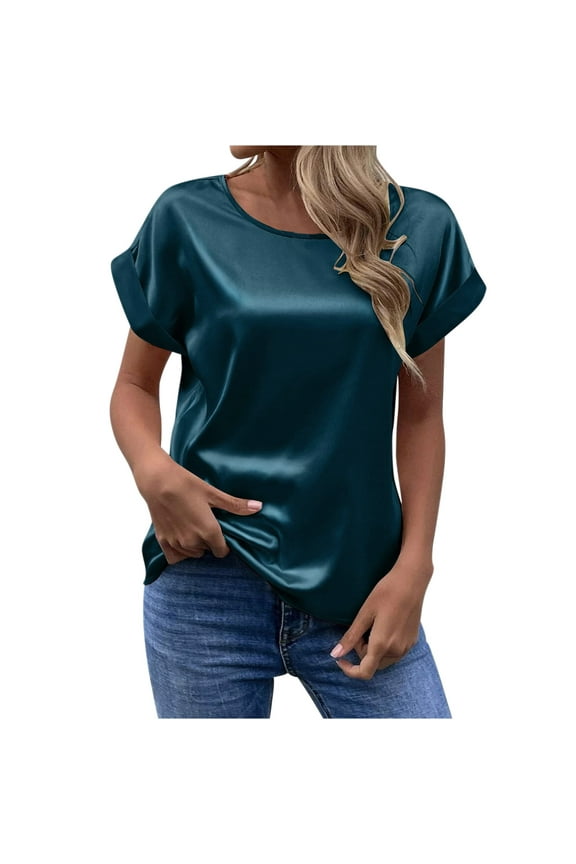 Womens Tops Crew Neck Pullover Casual Shorts Sleeve Satin Silk Lightweight Summer Loungewear Pajamas