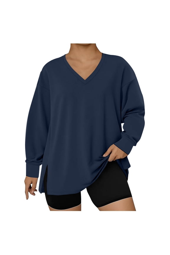 Womens Tops Plus Size Pullover V Neck Bottom Slit Casual Fall Active Gym Athletic Sports Long Sleeve Shirts for Women