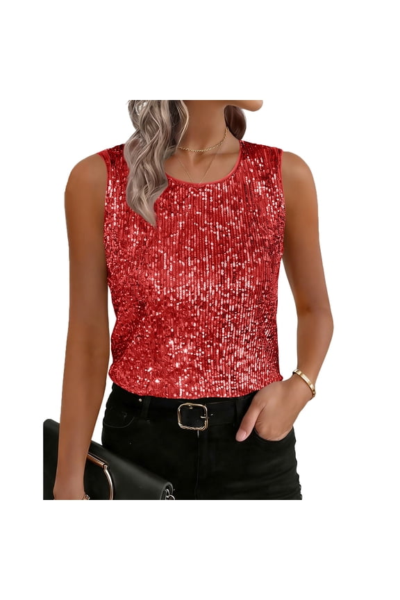 Womens Tops Sequin Sleeveless Crew Neck Lightweight Sparkly Shiny Party Business Work Dressy Blouses