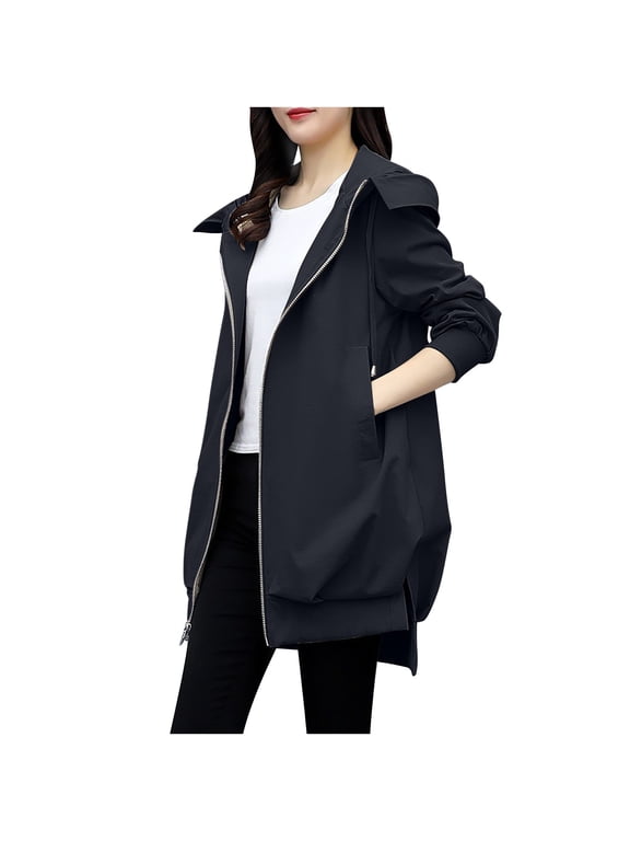 Womens Zip up Jacket Hooded High Low Hem Drawstring Coats Long Sleeve Casual Loose Pockets Anorak Jackets,XXXL,Black