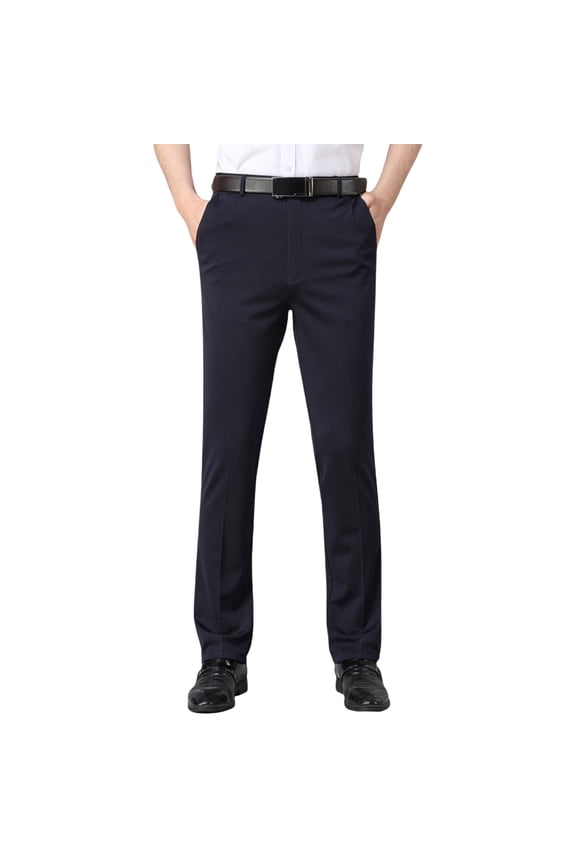 Work Pants for Men Button Mid Waisted Casual Fitting Officewear Flat Front Straight Leg Dress Pants,34,Navy