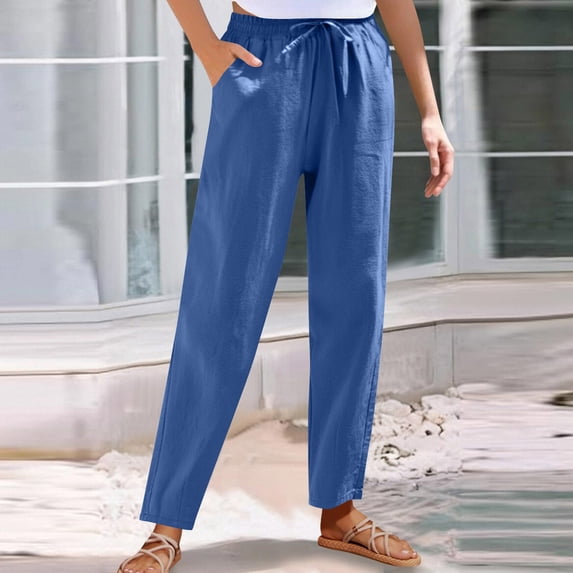 BLCHUNen Work Pants for Women Button Elastic Waist Lightweight Loose Breathable Office Business Casual Trousers with Pockets
